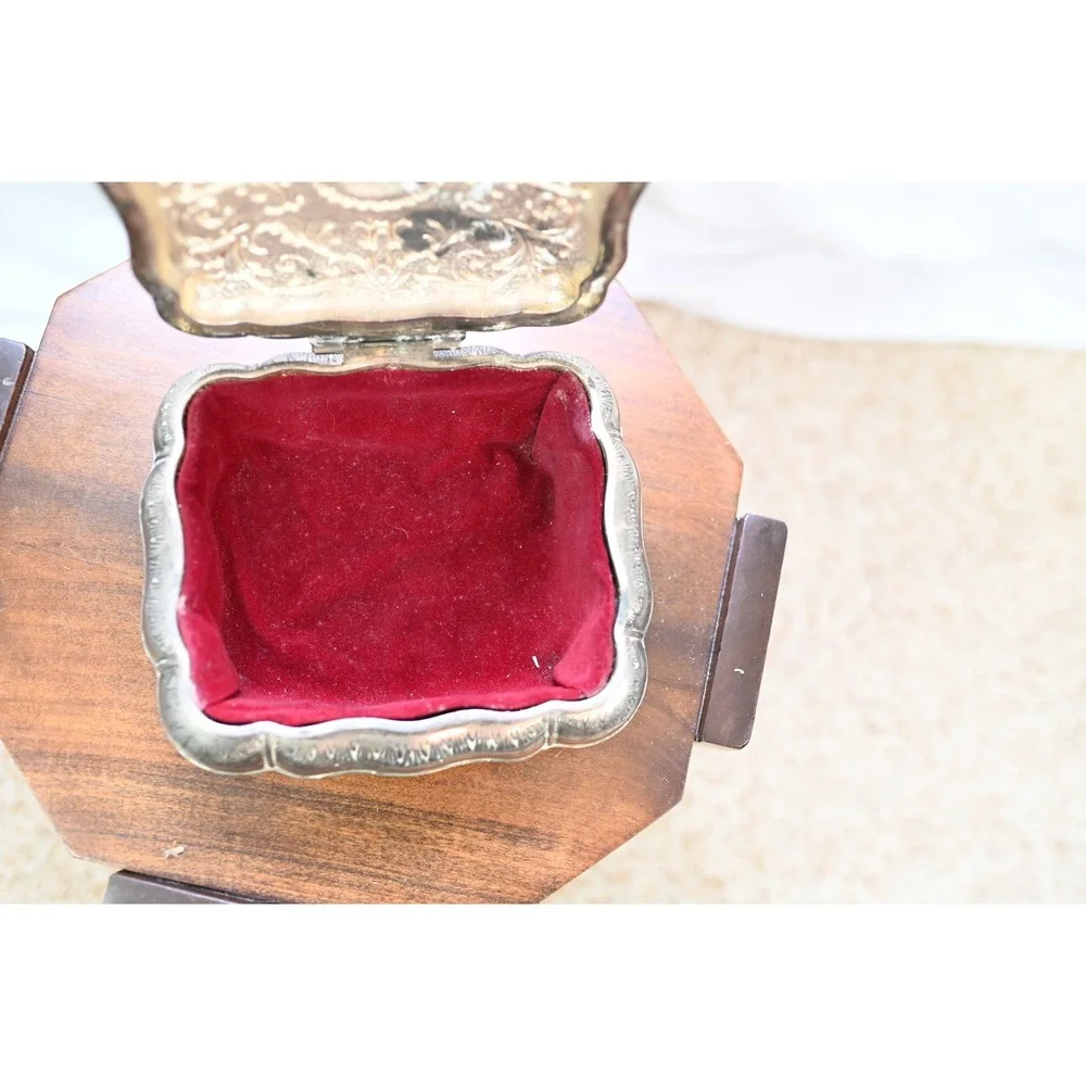 Vintage Silver Plated Jewelry Box Red Velvet Lined Ornate Repousse Floral Box
